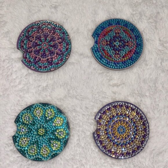 Completed Diamond Art Coasters Mandala Car Set! Set of 4! - Picture 1 of 6